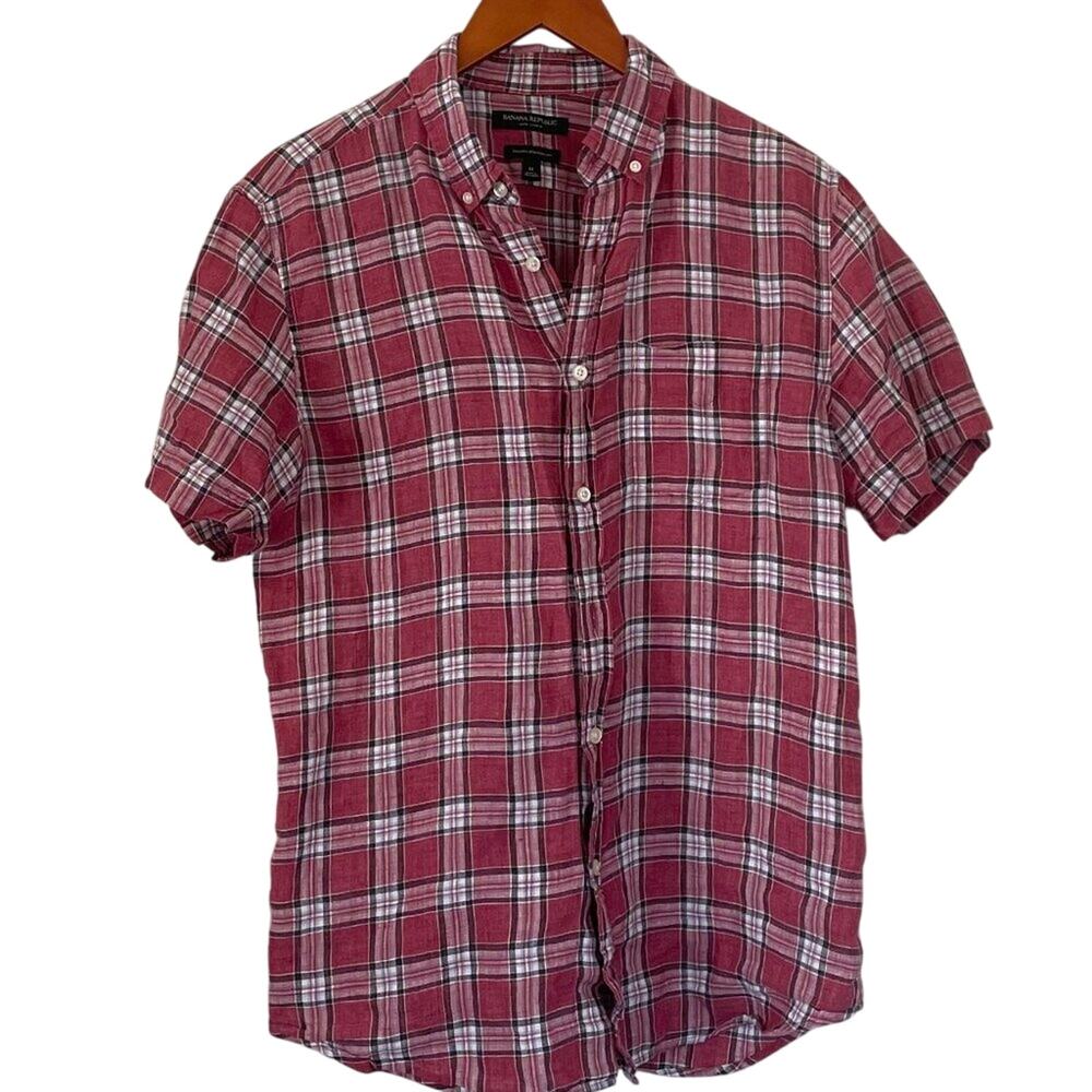 Banana Republic Camden Standard Fit Red Plaid Button Up Linen Shirt, Preppy, M
